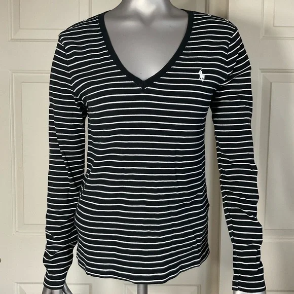Ralph Lauren Black White Striped Long Sleeve Knit Top Women 100%Cotton Size L - Picture 4 of 7